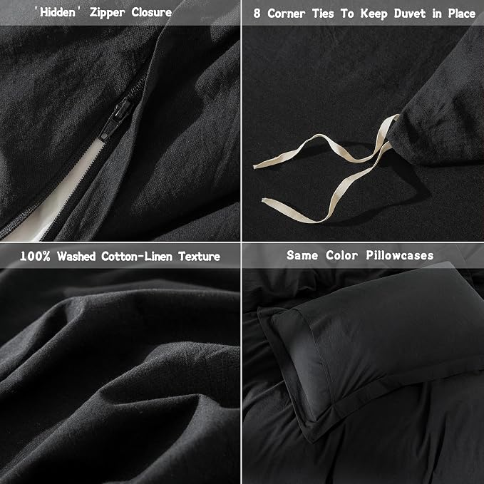 Black Duvet Cover Queen Size 100% Washed Cotton Bedding Set Cover 1 Duvet Cover with Zipper Closure and 2 Pillowcases, 90inch x 90inch