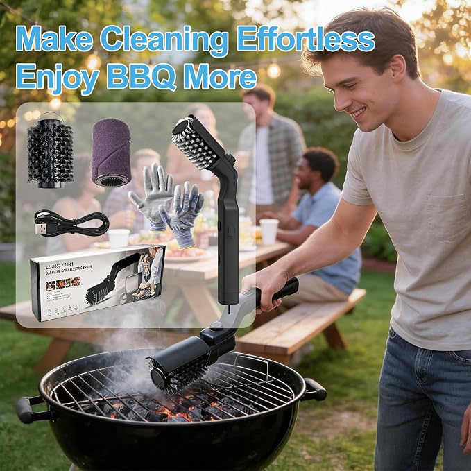 Electric Grill Brush, High Torque Grill Brush with Rechargeable 3-Speed Modes, 180° Adjustable Stainless Steel Replaceable Brush Head, Fit for Outdoor Camping and Barbecuing