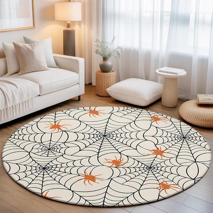 Round Area Rug 5', Halloween Washable Area Rugs for Living Room Kitchen Bedroom Nursery Dining Room, Orange Black Net Classic Spiders Gingham Non Slip Door Mat Indoor Floor Throw Circle Carpet