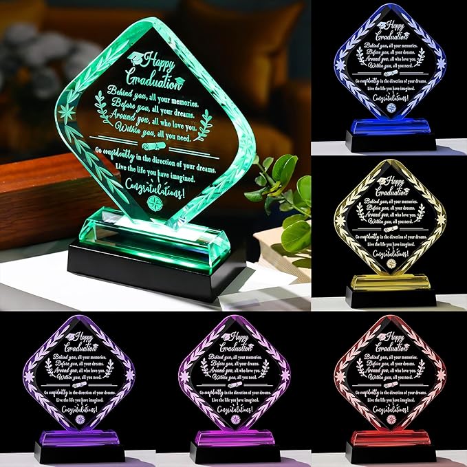 Arikyrist Graduation Gifts for Her Him Crystal Plaque with Light Base Class of 2026 College Graduation Keepsakes for Graduate Congratulations Gifts Idea for High School PHD Masters Degree