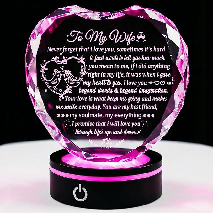 Arikyrist Crystal Heart Gifts for Wife from Husband with Colorful LED Base, Romantic Anniversary Wedding Gift Ideas to My Wife, Glass I Love You Keepsakes for Her