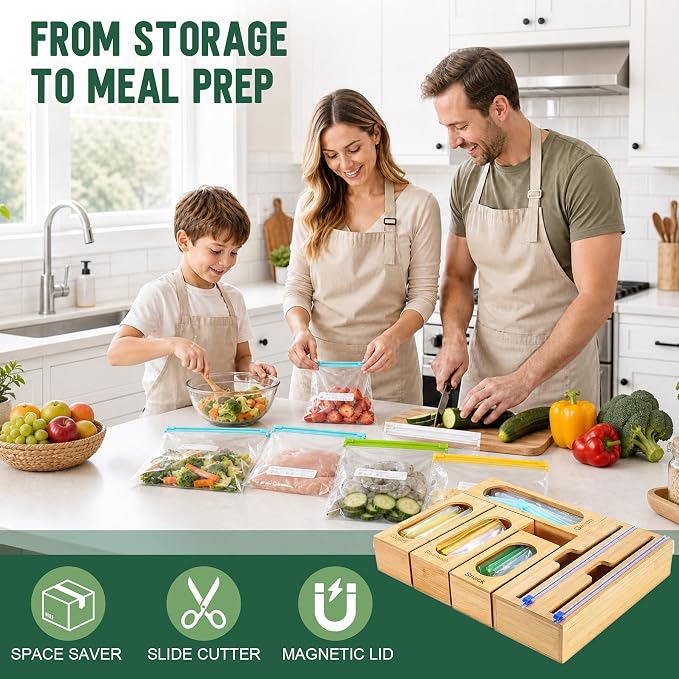 Reclosable Poly Bag Organizer for Kitchen Drawer, 5-Slot | Bamboo, 5 Independent Boxes, Slide Cutter, Magnetic Lid, Space-Saving Drawer Organizer