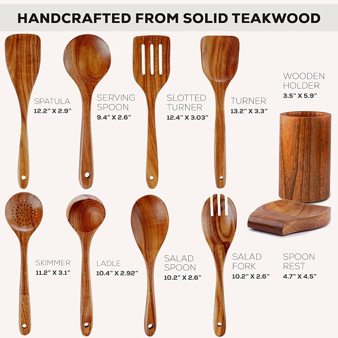 Zulay Kitchen 10-Piece Wooden Spoons for Cooking - Smooth Finish Teak Wooden Utensils for Cooking - Soft Comfort-Grip Wood Spoons for Cooking - Non-Stick Wooden Cooking Utensils - Wooden Spoon Sets