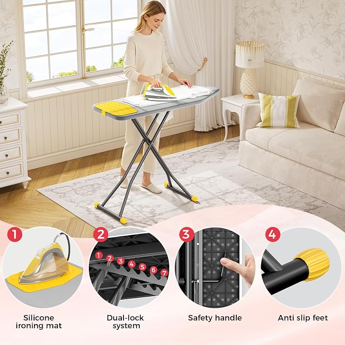 KINGBOARD Extra Wide Ironing Board, 18x47 Full Size Ironing Board with Silicon Iron Mat, Large Stand with 7 Adjustable Heights, Heavy Duty Iron Board with Heat Resistant Cover, Grey