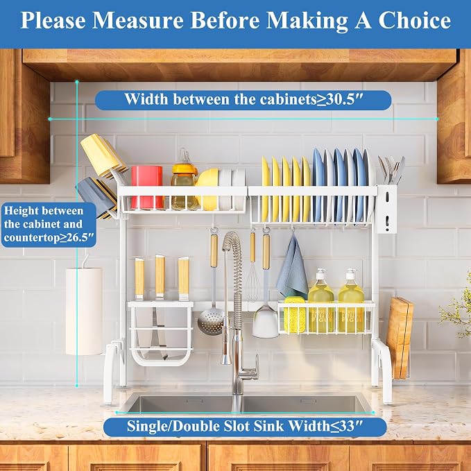 Over The Sink Dish Drying Rack, Adjustable (25.5 to 36.5 inch) 2 Tier Metal Steel Dish Drying Racks for Kitchen Counter with Hooks Paper Towel Utensil Cup Holder Sink Caddy (White) | All-in-One Large Capacity, Snap-On Design for Flexible Use, Strong Me...