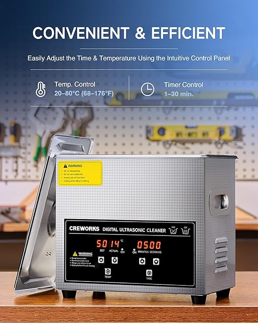 CREWORKS 3L Ultrasonic Cleaner, 0.8 gal Digital Sonic Cavitation Machine, 120W Stainless Steel Professional Jewelry Cleaner for Cleaning Tool Watch Glasses Retainer Denture Parts with Heater & Timer