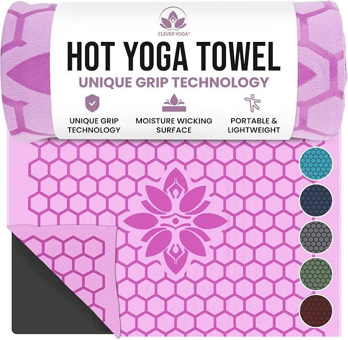 Clever Yoga Hot Yoga Mat Towel – Non-Slip Grip for Hot Yoga, Sweat Absorbent, Honeycomb Silicone Grip, Stays Flat – Ideal for Pilates, Travel, Washable & Lightweight - Lilac