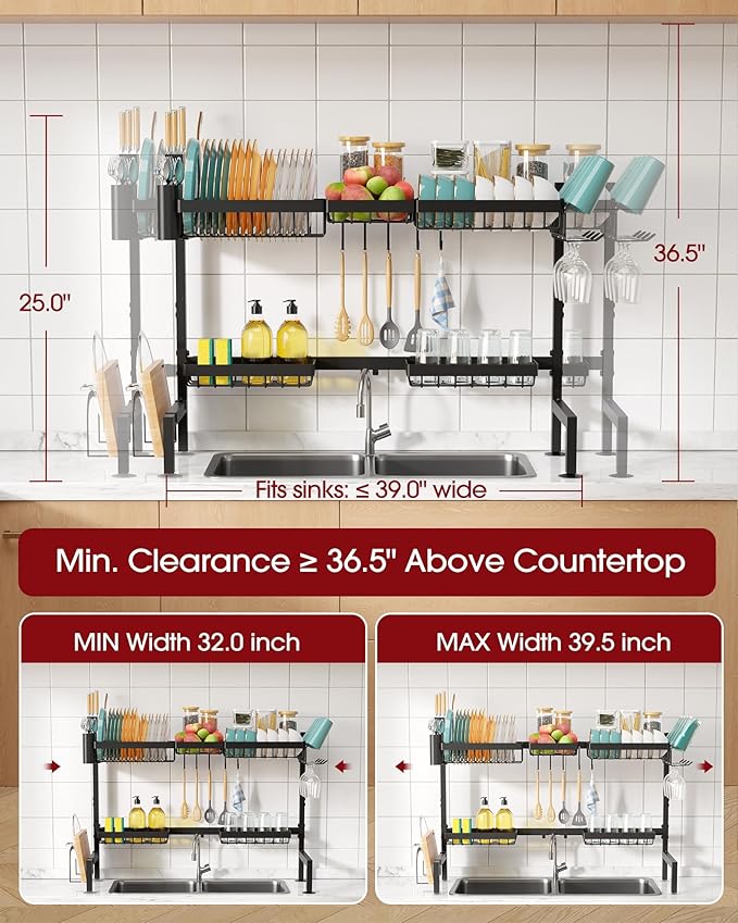 Sakugi Over The Sink Dish Drying Rack - Adjustable 2 Tier X-Large Capacity Stainless Steel Drainer with Cutlery & Utensil Holders, Kitchen Storage & Organization, 32"-39.5" L x 12" W x 25" H, Black