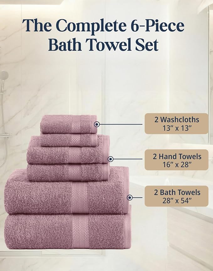 LANE LINEN Large Bath Towel Set Absorbent Quick Dry 6 Piece - Wishful Mauve | Cotton Towels - Fade-Resistant Color, Classic Terry Weave, Densely Woven, Coordinated Colors, Dobby Border Accent
