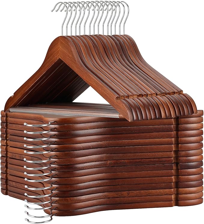 TOPIA HANGER Walnut Wooden Hangers 30 Pack, Wood Clothes Hangers, Durable Coat Hanger with 360-Degree Rotatable Hook, Non-Slip Pants Bar and Shoulder Notches for Camisole Tops - CT34WA30