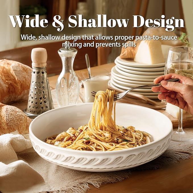 Artena Pasta Bowls, 50oz Large Salad Serving Bowls, 9.75'' Plates Bowls Set of 4, Big White Ceramic Soup Bowls for Kitchen, Embossment Shallow Dinner Bowl, Microwave Dishwasher Safe, Willow Leaf