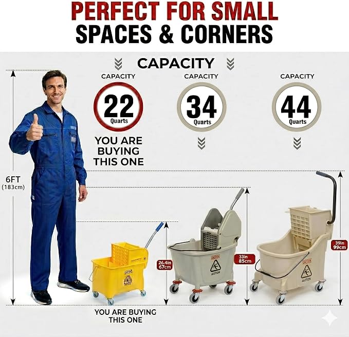 Matthew Cleaning 22 Quart Compact Mop Bucket INCL.2 Pack Mop Head with Side Press Wringer On Wheels,Tandem Portable Floor Cleaning Wavebrake,Ideal for Household,Industrial,Restaurant,Janitorial Use
