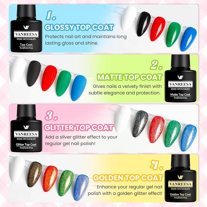 VANREESA 24 Pcs Gel Nail Polish Set -Trendy Colors Gel Polish with Base Coat & 4 Effects of Top Coat White Pink Red Orange Yellow Green Brown Blue Purple Gel Polish Set Nail Kit Gifts for Women Girls