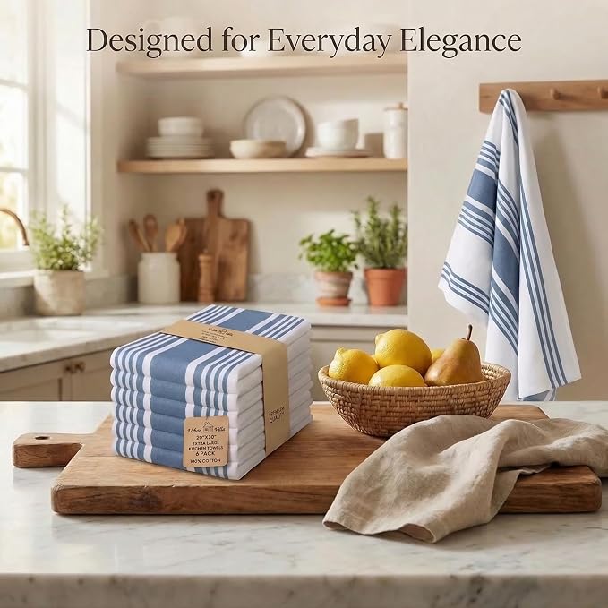 Urban Villa Kitchen Towels Cotton Dish Towels 20”x30” (Set of 6) Blue Wht