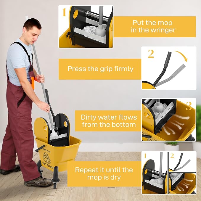 HOMCOM Mop Bucket with Wringer on Wheels, 27.5 Quart, with Mop, Yellow | Down Press Wringer, Handle and Mop, Floor Cleaning