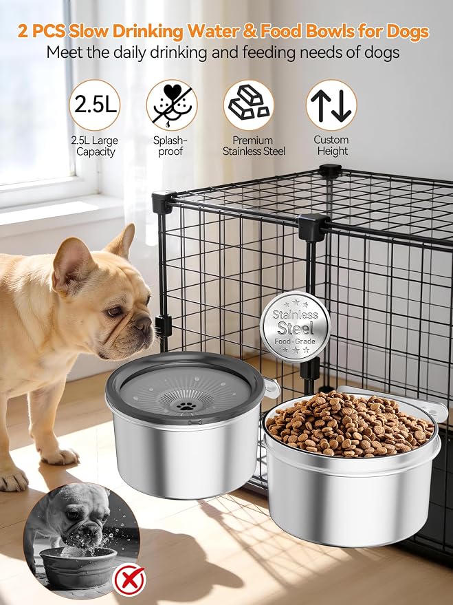 2.5L No Spill Dog Crate Bowl, 2Pcs Stainless Steel Bowls Set | Adjustable Height , Anti-Splash Water & Food Pet Bowl For Cage Kennel, Large Capacity For Medium Large Dogs