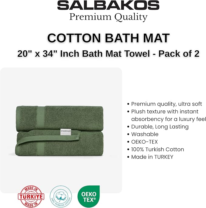 SALBAKOS 2-Piece 100% Turkish Cotton Bath Mat Towel, 20x34 inch, Green | Bathroom Floor Towels, Thick Soft Most Absorbent Quick-Dry Durable Large Size Foot Rug, Premium Hotel Quality Made in Turkey