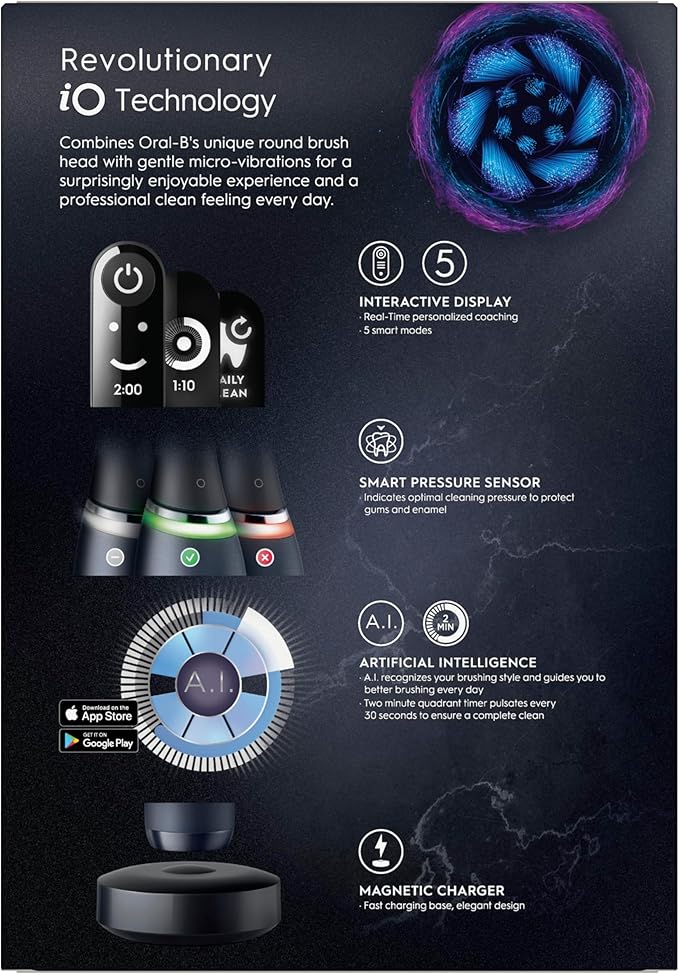 Oral-B Rechargeable Electric Toothbrush, iO7 Adaptable Clean, 5 Cleaning Modes, Visual Pressure Sensor to Protect Gums, Charging Travel Case, 2 Brush Heads, Black
