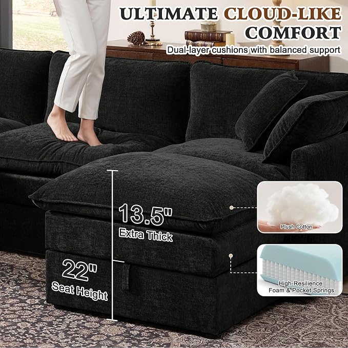 Ihanherry Oversized Sectional Sofa Bed with Storage, 103" 6-Seater Modular Cloud Couch with Movable Ottomans, Chenille Deep Seat Sleeper Couches for Living Room (Black)