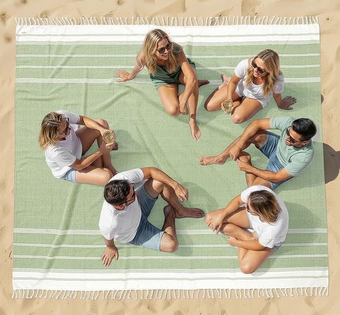 LANE LINEN Beach Blanket Sand Free, Turkish & Large Beach Towel - Jadelime | Sand Free Beach Blanket, 82"x82" - Great For Vacations, Parks & Concerts - Sand Slides Right Off - Roomy Family Size