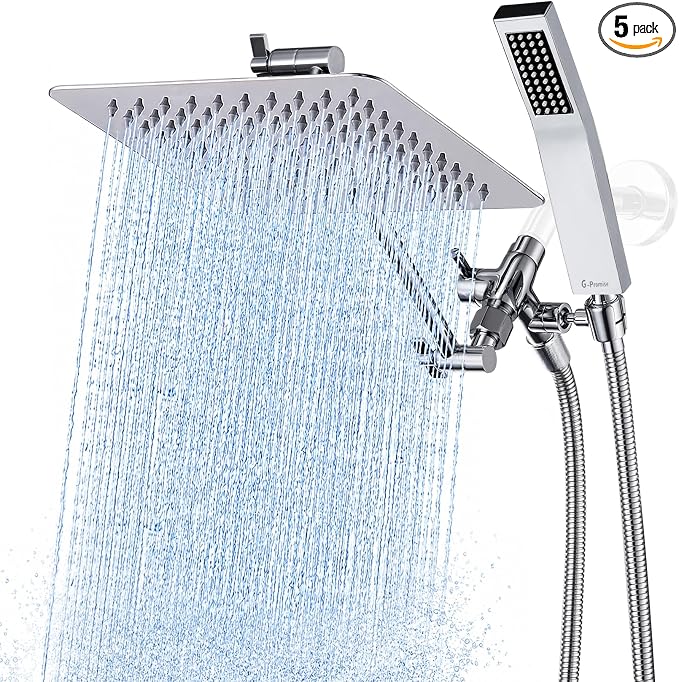 G-Promise All Metal 8 Inch Dual Square Shower Head with Handheld Spray Combo, Rain Shower Head, Adjustable Extension Arm, Smooth 3-Way Diverter, 71 Inch Extra Long Hose - A Bathroom Upgrade (Chrome)
