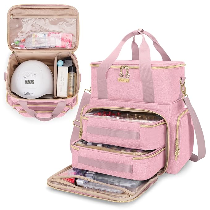 BAFASO Double Layer Nail Polish Organizer Holds 70 Bottles (15ml - 0.5 fl.oz) and a Nail Dryer, Nail Polish Case with 2 Removable Pouches and Tools Storage Sections (Patented), Pink