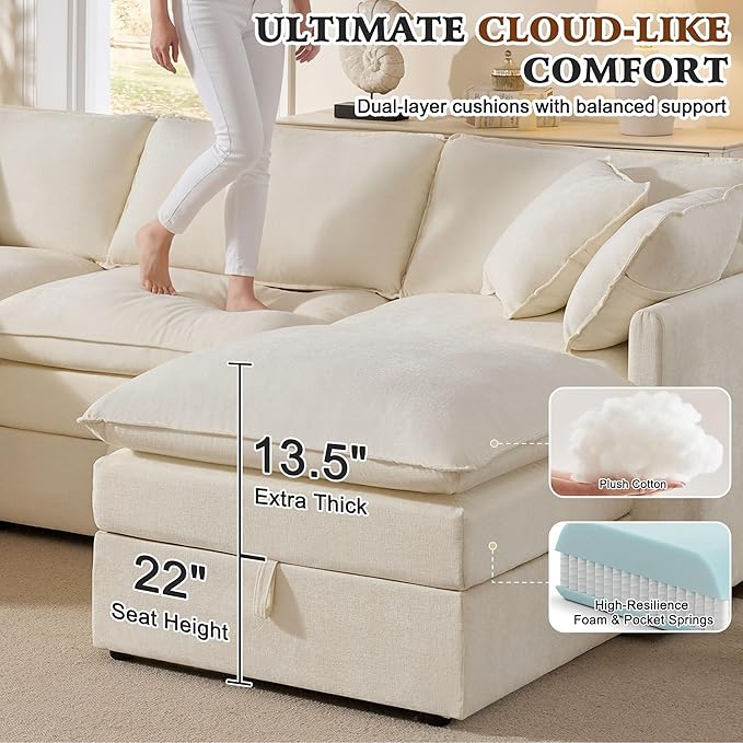 Ihanherry 103" Modular Sectional Sofa with Storage, L Shaped Cloud Couch with Movable Ottomans & 4 Pillows, Chenille Deep Seat Sectional Couches for Living Room, Apartment (Beige)