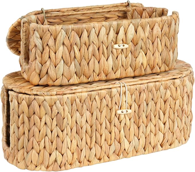 Set of 2 Cable Management Box, Handwoven Water Hyacinth Cord Hider Organizer Boxes with 3 Side Open Slots, Cable Organizer Box to Hide Cords Power Strip, USB Hub, TV Wires for Home, Office
