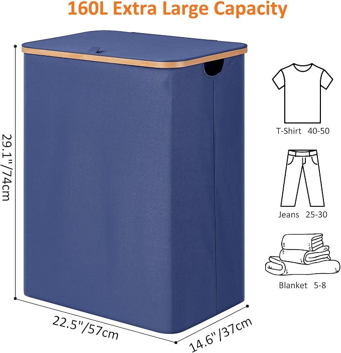 efluky Laundry Hamper with Lid, Trio Laundry Basket with 2 Removable Bags, 3 Section Laundry Bin with Bamboo Handles for Bathroom, Bedroom & Laundry Room, 160L (42.3 Gallon) Blue