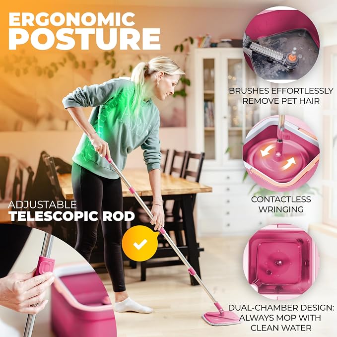 Spin Mop and Bucket Set with Wringer – Dual-Chamber Self Wringing Mop, Flat Microfiber Mop for Hardwood, Tile & Vinyl Floors, 2 Washable Replacement Heads, 63" Handle, Pink