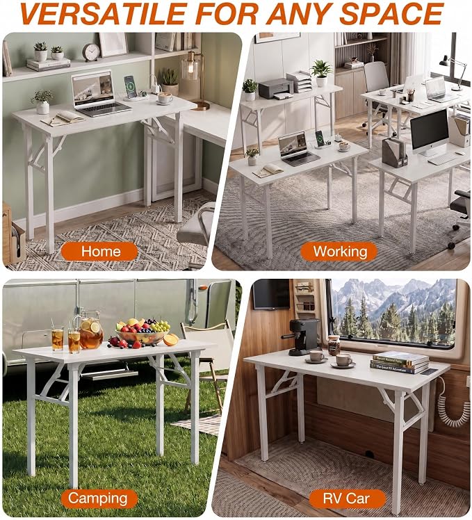 XBurmo Small Folding Desk Folding Table, No Assembly Foldable Desk Gaming Desk, 43.3-Inch Computer Table Workstation with 2 AC Outlets and 2 USB Ports for Bedroom and Home Office, White Ash