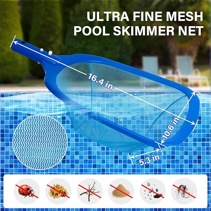 Swimming Pool Cleaning Kit Including 12.5 in Pool Brush Head,Ultra Fine Mesh Pool Leaf Skimmer Net with 76.5 in Aluminum Pole for Remove Debris and Dirt