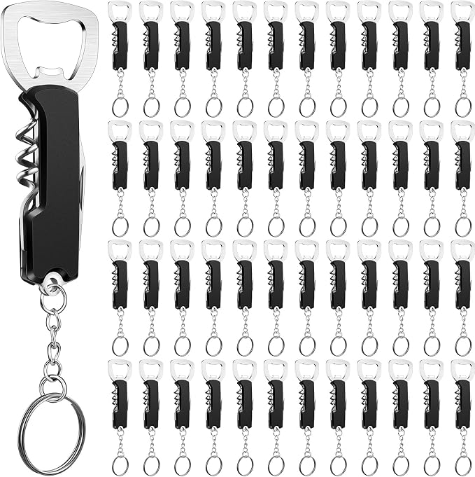 Ziliny 48 Pcs Bottle Opener Keychain Bulk Wine Bottle Beer Opener Keychain 3.27" Stainless Steel Corkscrew Waiter Corkscrew Wine Keyring Gifts for Christmas Bar Party Wedding Home (Black)