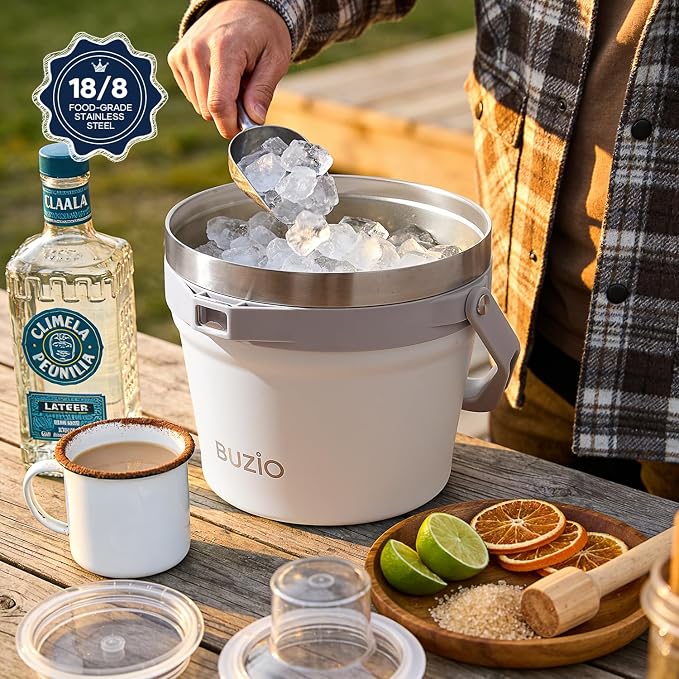 BUZIO 7 L Ice Bucket with Lid Scoop & Tongs & Adjustable Shoulder Strap | Double Wall Vacuum Insulated Stainless Steel Large Beverage Buckets, 48 Hrs Cold Retention for Parties, for Cocktail Bar