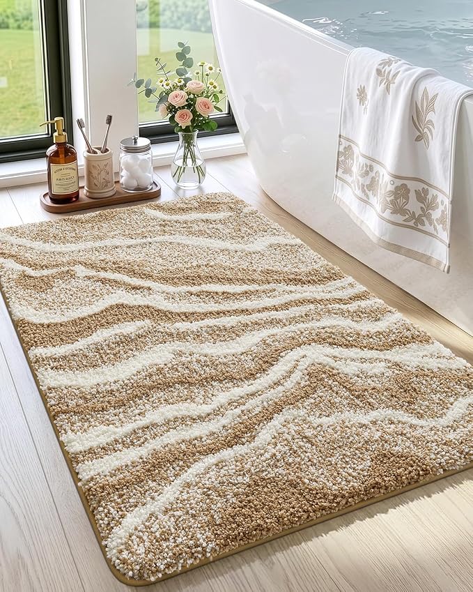 DEXI Bathroom Rug Mat 32x20, Soft and Absorbent Marble Bath Mat, Non Slip Machine Washable Bath Rugs for Shower Floor, Tub, Sink, Dark Beige