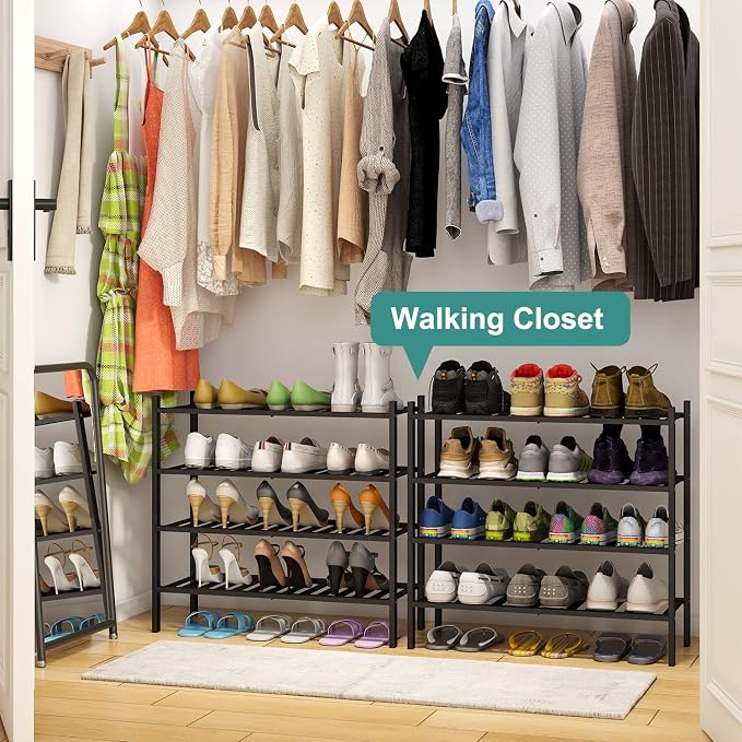 viewcare 4-Tier Black Bamboo Shoe Rack for Entryway, Stackable | Foldable | Natural, Shoe Organizer for Hallway Closet, Free Standing Shoe Racks for Indoor Outdoor