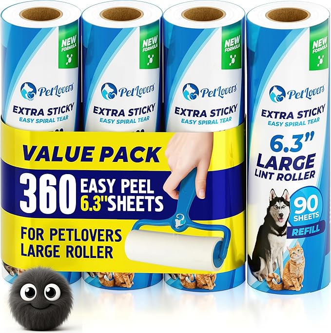 PetLovers 6.3" Extra Sticky Lint Roller 4 Pack of Large Refills Only - No Handle Included - 90 Sheets Per Refill 360 Sheets Total 4 Pack