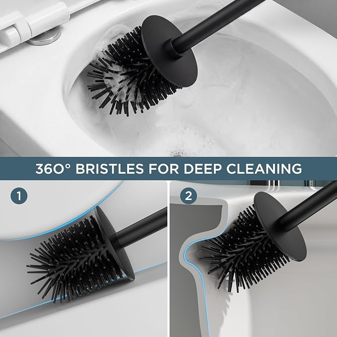 FORIOUS Short Toilet Brush and Holder Set, Heavy Duty 304 Stainless Steel Base Square and Long Handle for Bathroom Deep Cleaning, Drip-Proof, Space Saving for Storage, 2 Toilet Bowl Brush Head, Black