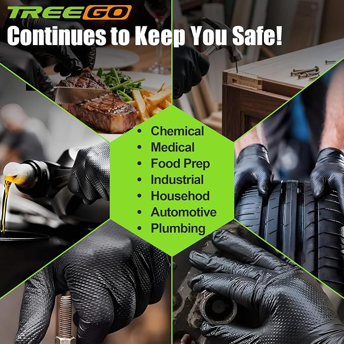 TREEGO 10 Mil Heavy Duty Black Nitrile Mechanic Gloves, 100 Count M | Diamond Grip Rubber Gloves, Latex & Powder Free for Auto Repair, Routine Maintenance, Tool Handling & Shop Work