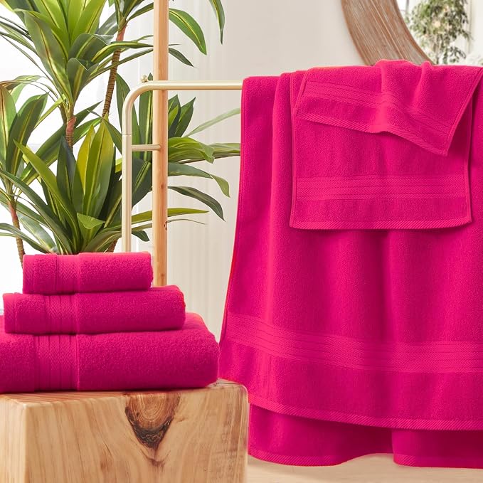 COZYART Luxury Bath Towel Set 6 Pcs, Hot Pink 100% Turkish Cotton 650 GSM | OEKO-Tex 100 Certified Zero Twist Ring Spun, Soft Absorbent Quick Dry, Plush Fluffy, Breathable Hotel Quality for Daily Use