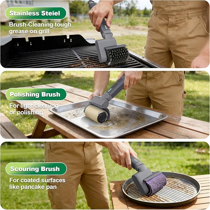 2026 New Electric Grill Brush with 3 Replacement Head,3-Speed Power Control,Cordless Rechargeable Grill Cleaning Brush with Adjustable Angle,Cleaning Tool for Outdoor BBQ,No Bristle Shedding-Gray