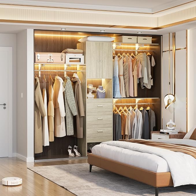 Armocity 96 Inches Closet System with Doors, 8FT Walk In Closet Organizer with 2 Shelving Towers, Heavy Duty Clothes Garment Rack with 3 Wood Drawers, 96"L x 16"W x 80"H, Max Load 1000 LBS, White Oak