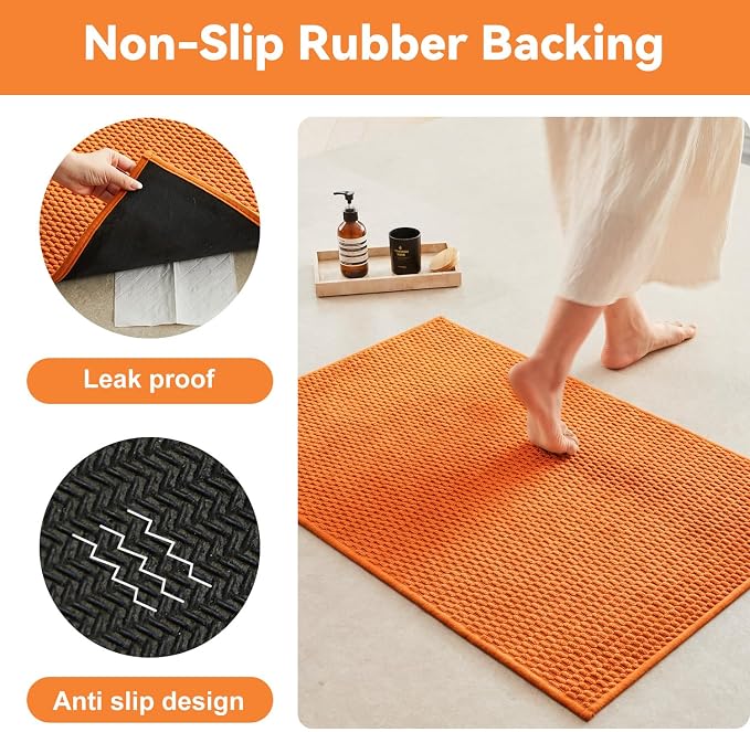 Triohero Bathroom Rugs Non Slip Washable, Super Absorbent Thin Bath Mat Quick Dry Low Pile Bathroom Rug, Orange 24"x36"