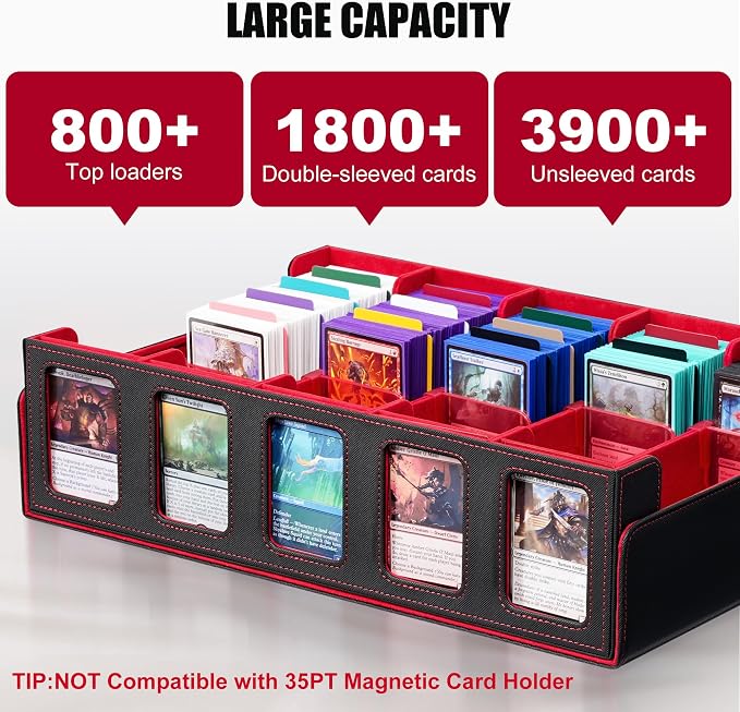 Trading Card Storage Box with Commander Display , 5-Row Deck Case with Removable Lid; 3900+ Card Deck Box for MTG TCG Sports Card, 5 Top Loaders, 5 Stoppers, 48 Dividers,1 Dice Tray (Black Red)