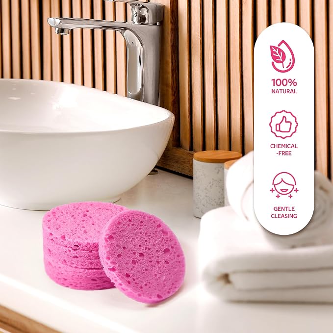 GAINWELL 50-Count Compressed Facial Sponge for Daily Facial Cleansing and Exfoliating, 100％ Natural Cosmetic Spa Sponges for Makeup Remover, Reusable, Pink