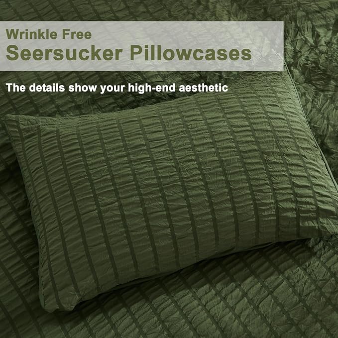 AveLom Olive Green Duvet Cover Queen Size, Textured Seersucker Duvet Cover Set, Soft Washed Microfiber with Zipper Closure and Corner Ties, 3 Pieces, 90" x 90" Duvet Cover & 2 Pillowcases