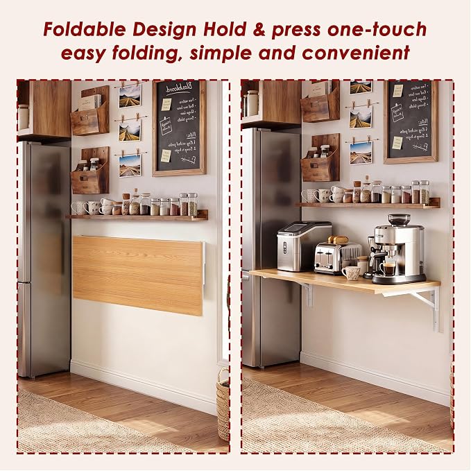 Need 36x20IN Wall Mounted Folding Table for Office Laundry Teak | White Frame Fold Down Wall Mount Desk Folding Wall Table for Small Apartment, Garage&Ironing Station
