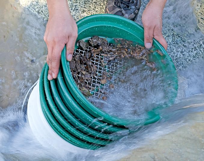 SE 13.25 Inch Wide Stackable Classifier Gold Prospecting Pan Set - Includes 1/2" 1/4" 1/8" 1/12" and 1/20" Stainless Steel Mesh Sifting Pans, Green, 5 Pack