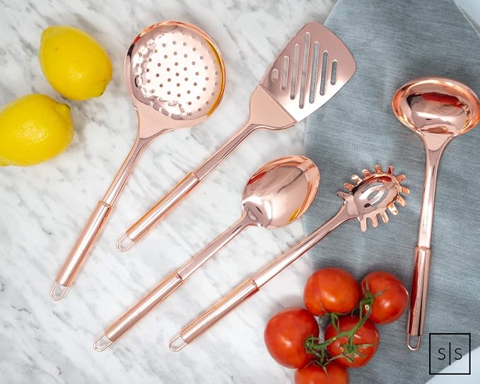 Copper Cooking Utensils Set – 5-Piece Rose Gold Stainless Steel Kitchen Tools for Cooking and Serving Includes Ladle, Spoon, Pasta Fork, Spatula, and Skimmer – Stylish Copper Kitchen Accessories