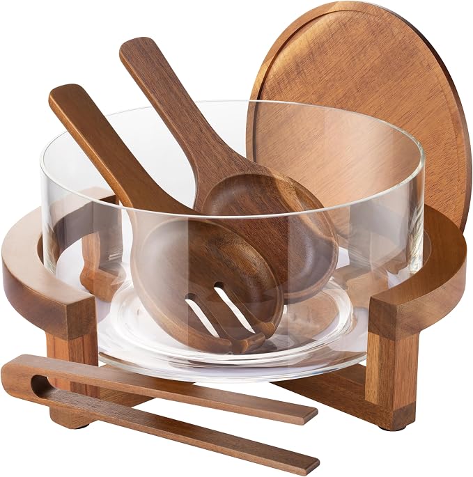 X-Large 6.5 L Glass Salad Bowl with Lid Set, Decorative Glass Mixing Bowl, Trifle and Serving Bowls with Lids as Cheese Charcuterie Board and Plate, Comes with Wood Serving Utensils